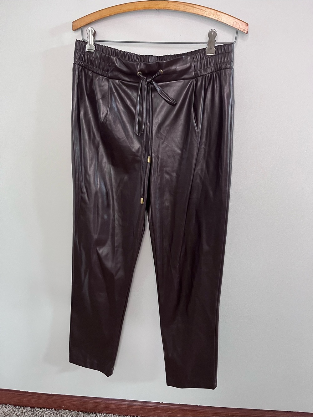 Wearever Brown‎ Faux Leather Joggers Elastic Waist Drawstring Pants Size M